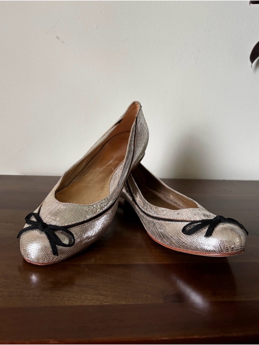 Pour La Victoire Silver Metallic Ballet Flats with Black Bow
